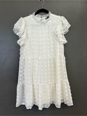Women’s White Textured Dot Tiered Ruffle Dress